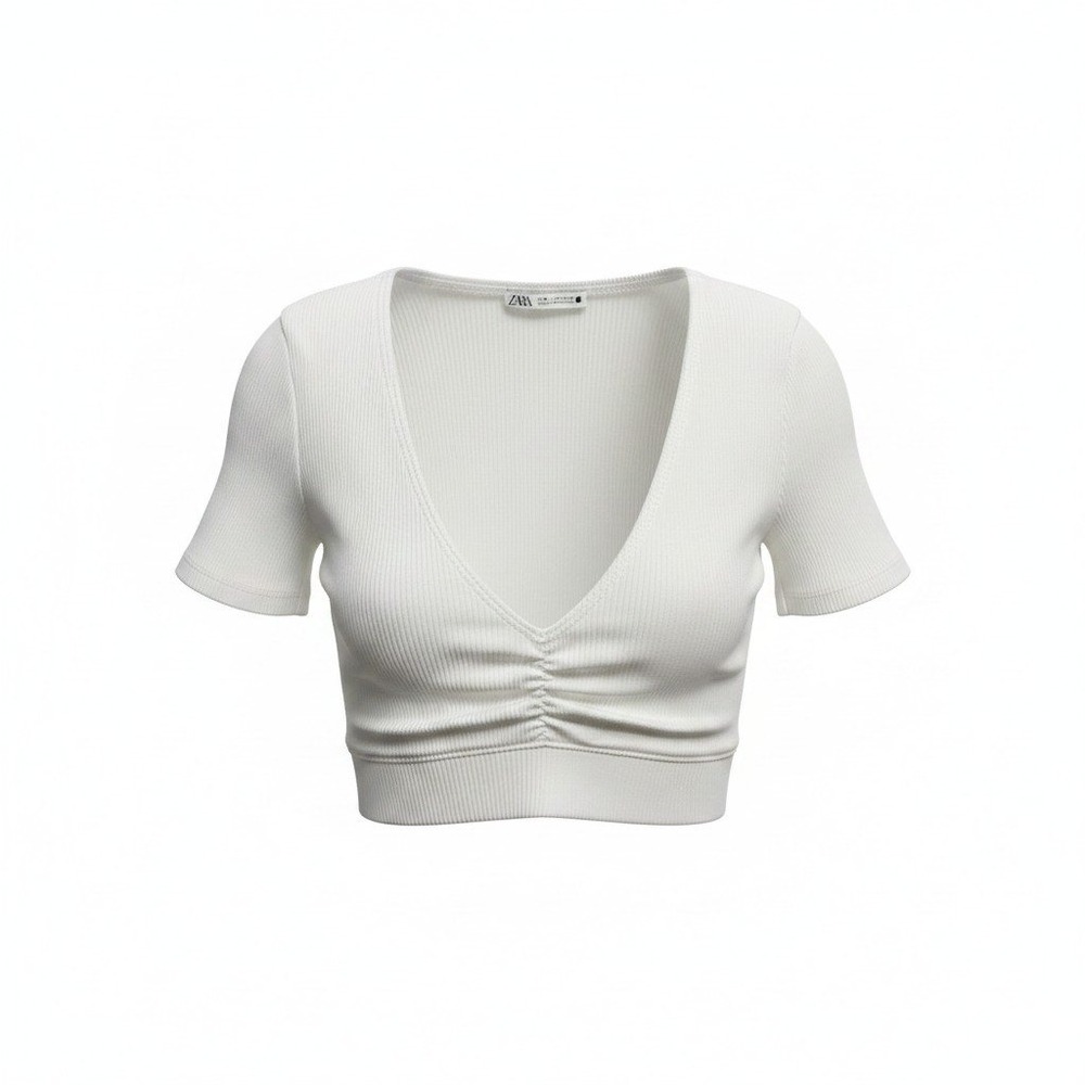Zara‎ Crop Top Women Medium White Excellent Ribbed Ruched V-Neck Short Sleeve